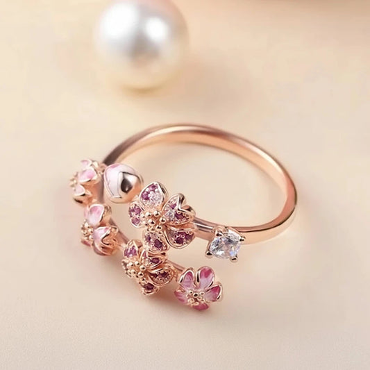 Silver Rose Enamel Peach Blossom Crystal Ring for Women | Couple Wedding Band Gift