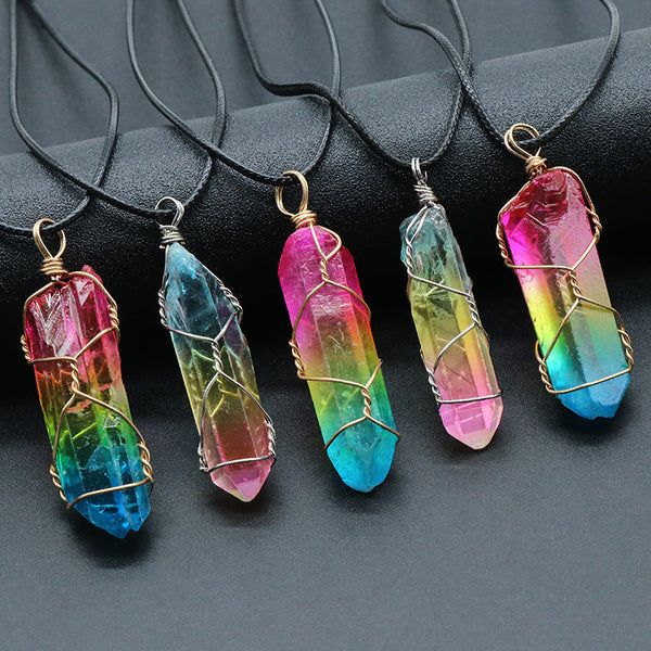 Rainbow Crystal Column Pendant Necklace – Natural Hexagonal Stone Jewelry {{Product vendor}}
