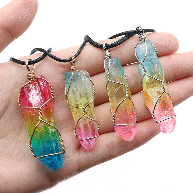 Rainbow Crystal Column Pendant Necklace – Natural Hexagonal Stone Jewelry {{Product vendor}}
