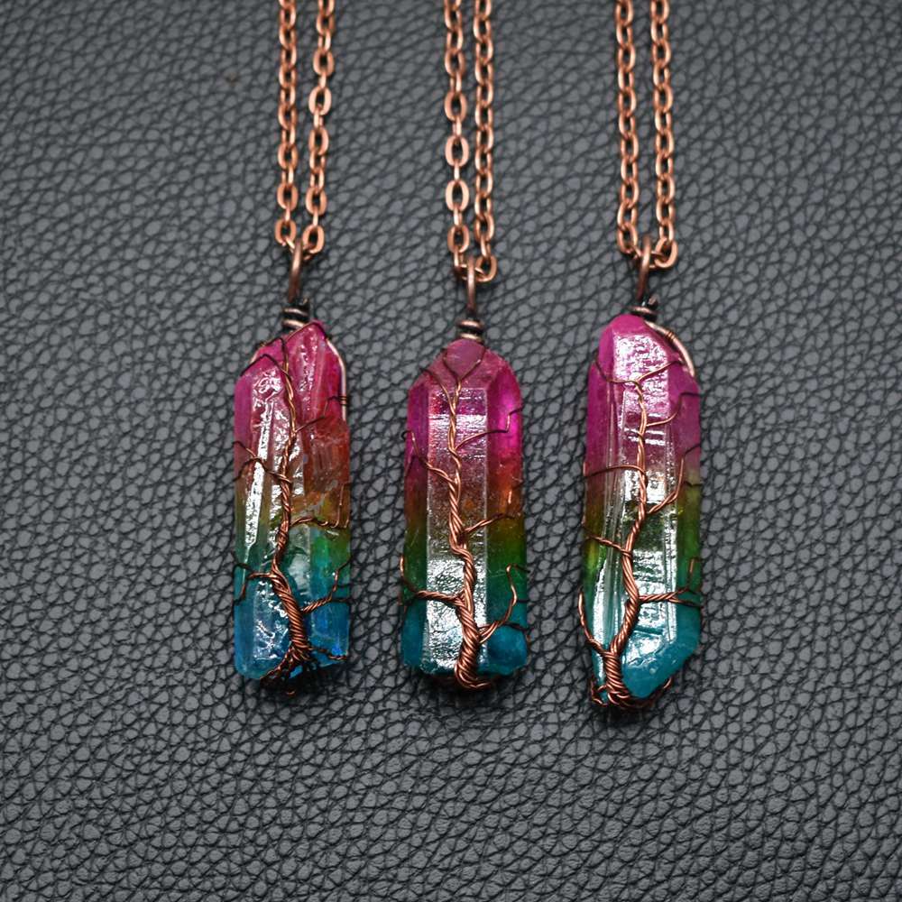 Rainbow Crystal Column Pendant Necklace – Natural Hexagonal Stone Jewelry {{Product vendor}}