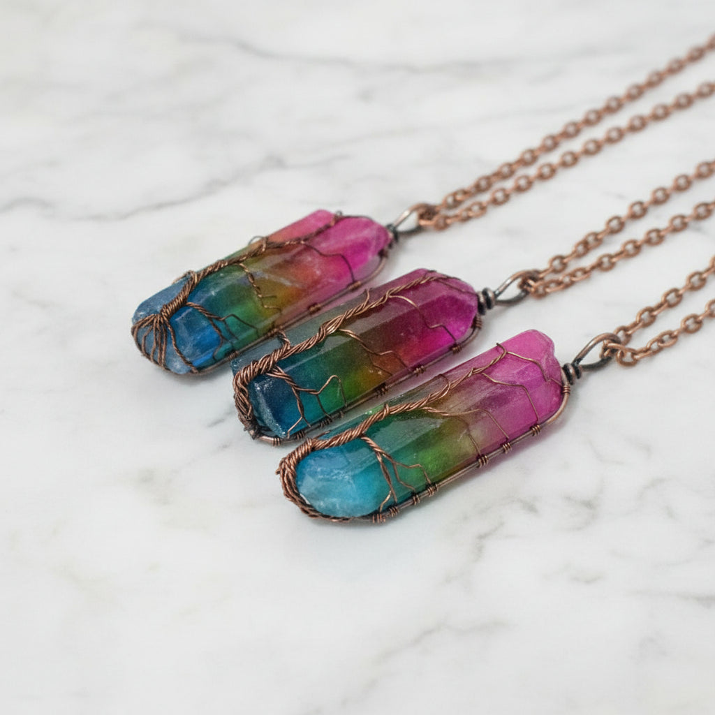 Rainbow Crystal Column Pendant Necklace – Natural Hexagonal Stone Jewelry {{Product vendor}}